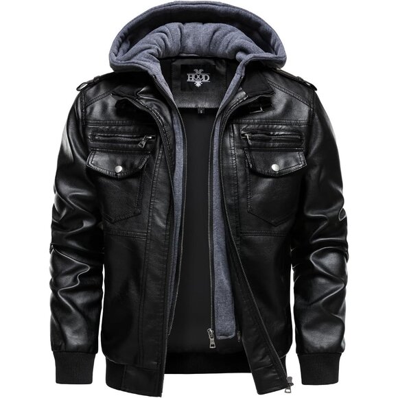 Other - Faux Leather Motorcycle Jacket Mens HOOD CREW Hooded Windproof PU Bomber Coat